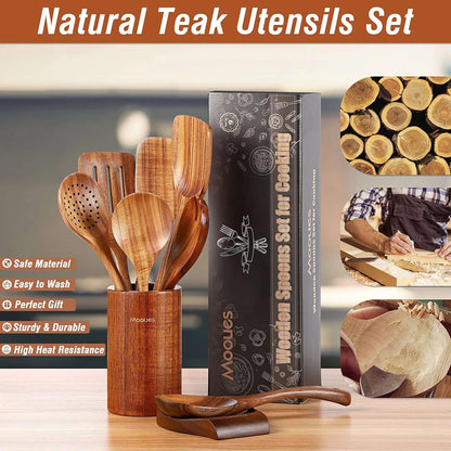 9-Piece Natural Teak Wooden Kitchen Utensil Set with Spoon Rest and Comfort Grip Holder