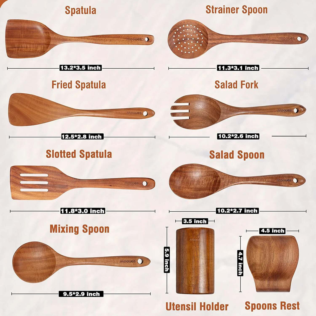 9-Piece Natural Teak Wooden Kitchen Utensil Set with Spoon Rest and Comfort Grip Holder