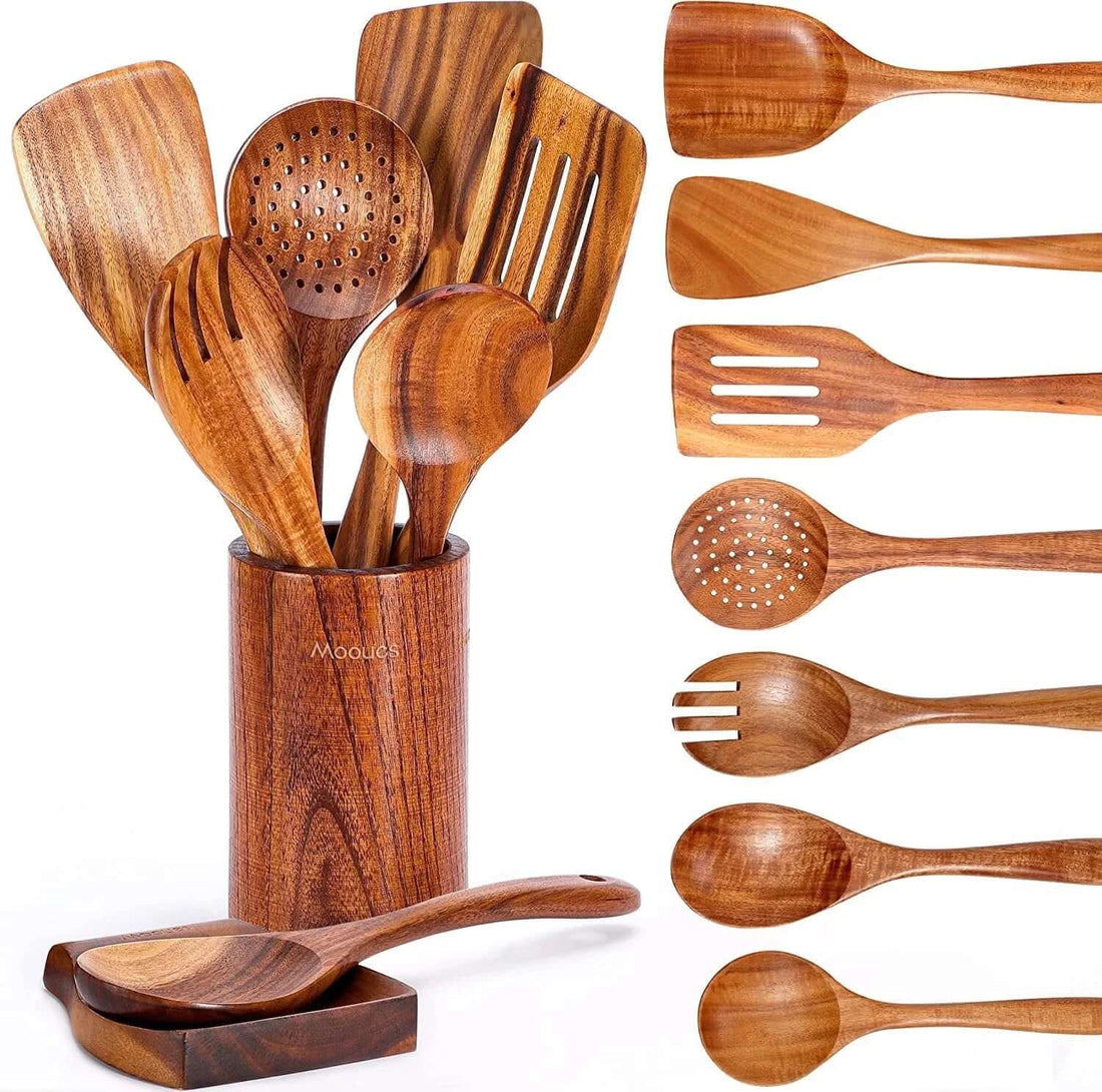 9-Piece Natural Teak Wooden Kitchen Utensil Set with Spoon Rest and Comfort Grip Holder