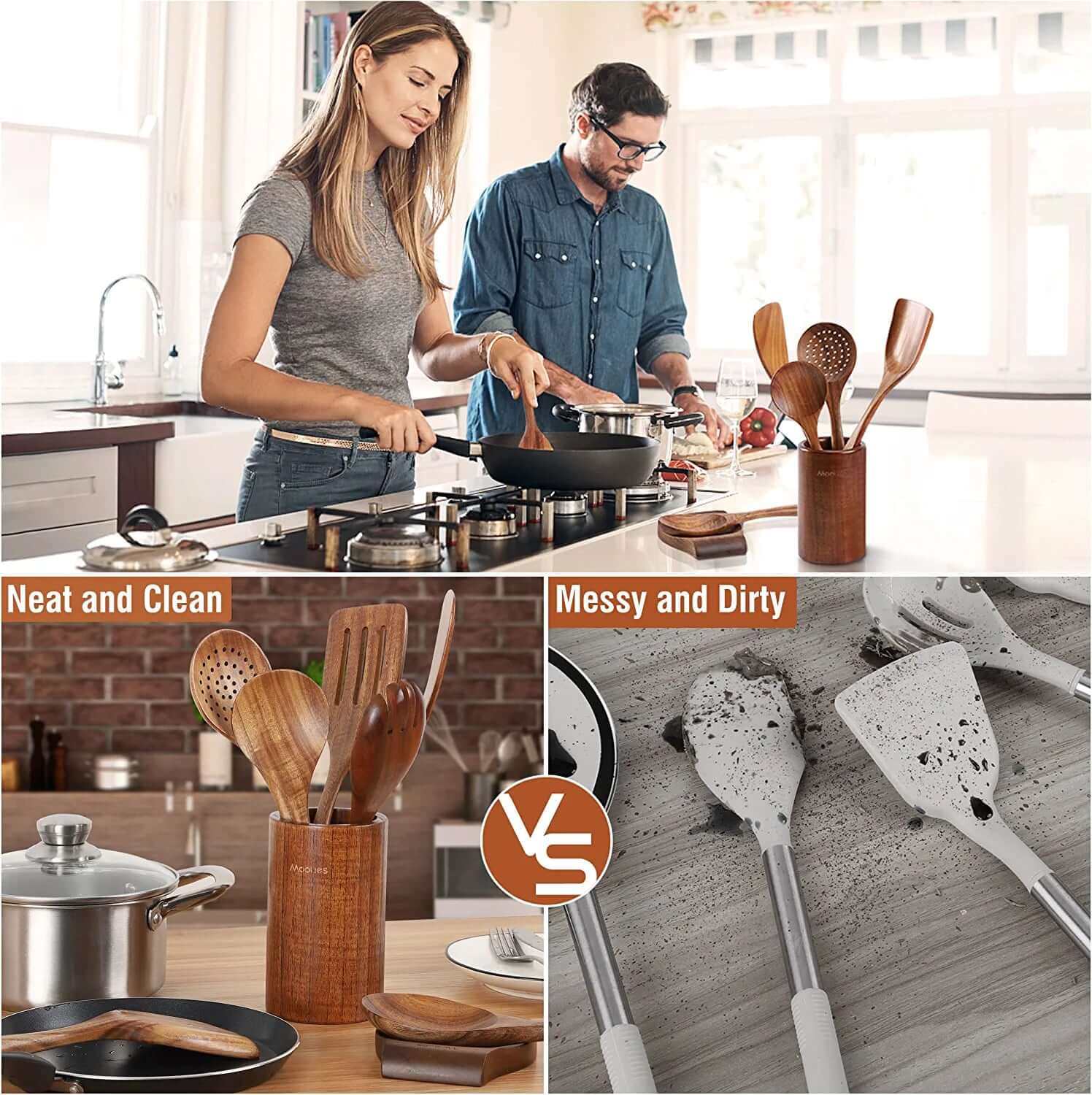 9-Piece Natural Teak Wooden Kitchen Utensil Set with Spoon Rest and Comfort Grip Holder