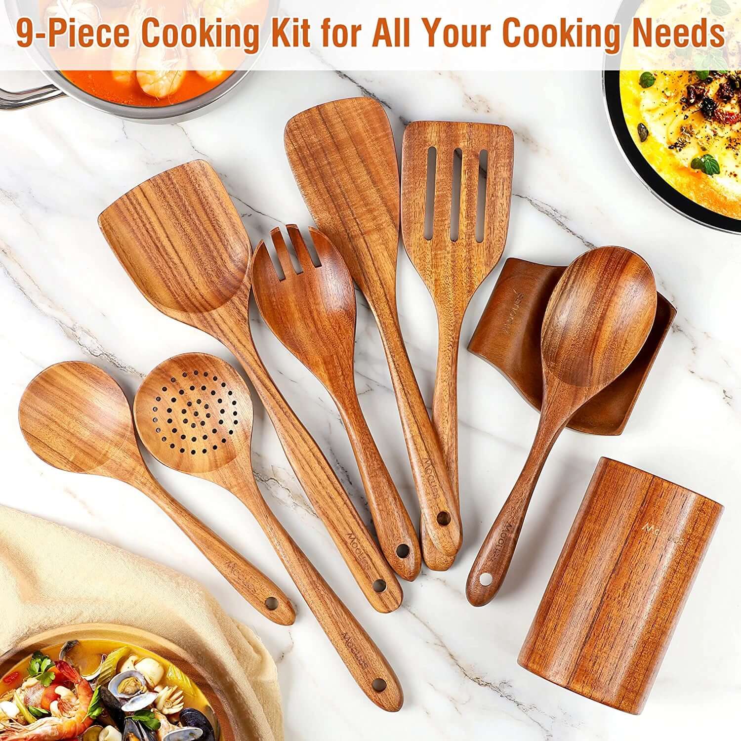 9-Piece Natural Teak Wooden Kitchen Utensil Set with Spoon Rest and Comfort Grip Holder